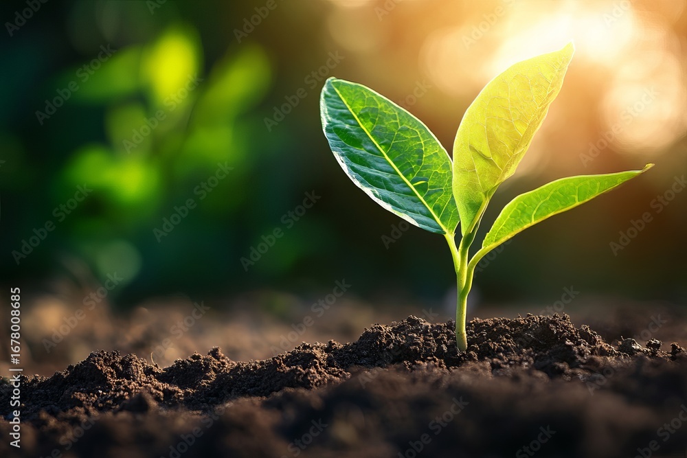 Fototapeta premium Young sprout emerging from dark soil, bathed in sunlight (1)