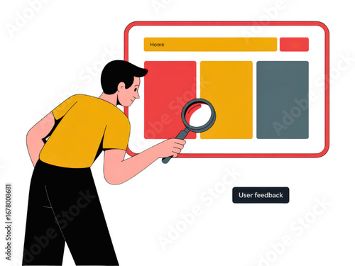 Man with magnifying glass analyzing user interface design, ensuring optimal user experience on the website