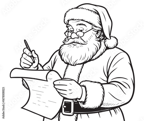 Vector illustration of a funny Santa checking gift list for Christmas delivery, black and white design, bold black outline, cheerful festive artwork.