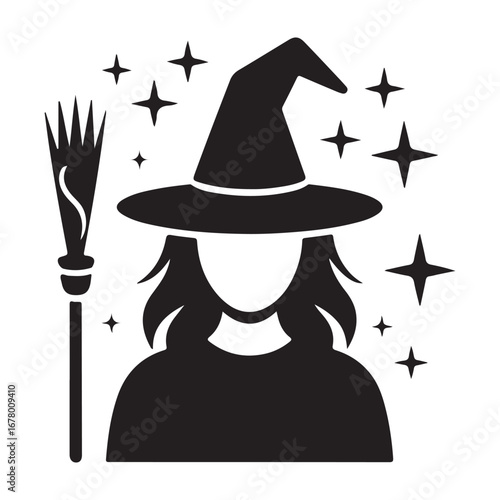 Mysterious witch with pointed hat and broomstick surrounded by sparkling stars silhouette