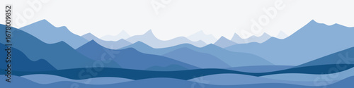 Vector illustration of mountains, ridge in the morning haze, panoramic view