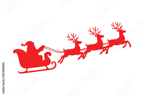 Elegant vector silhouette artwork showing Santa driving sleigh with reindeer in the night sky, representing Christmas festivity, joy, tradition, magic, cheerful spirit.