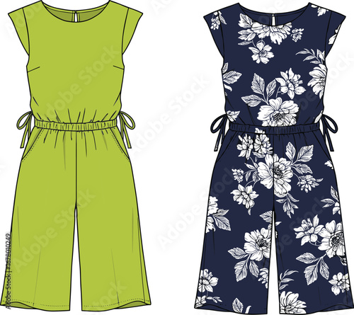Trendy girls' jumpsuit with wide legs, side tie waist, and floral pattern design cad drawing flat vector illustration