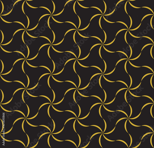 Seamless Geometric Floral Pattern with Golden Ribbon on Black Background – Vector Wallpaper Design