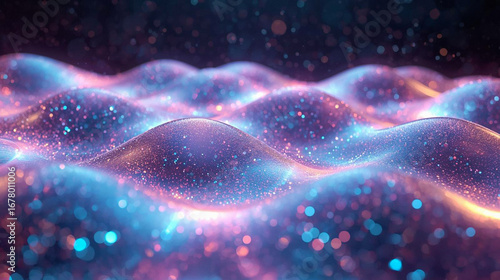 Abstract visualization of glowing, undulating waves with shimmering particles, evoking a sense of cosmic energy and fluid dynamics.