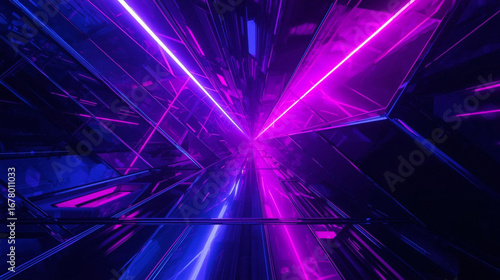A futuristic tunnel with glowing neon blue and pink lights creating a sense of depth and movement.