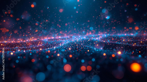 Abstract digital particles flowing in a wave-like pattern with a blue and orange glow, representing data or energy.