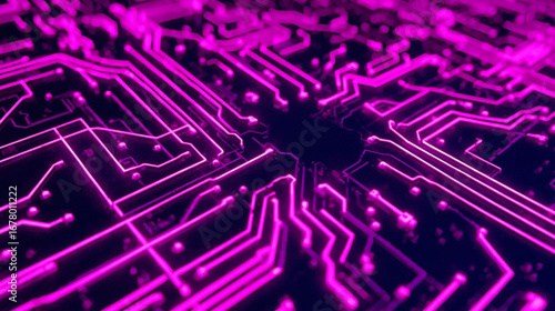 Close-up view of a glowing pink circuit board with intricate pathways and a central processor.