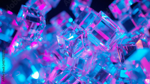 A close-up view of numerous transparent cubes illuminated with vibrant pink and blue neon lights, creating a futuristic and abstract visual.
