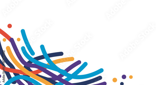 An abstract composition of curved lines in red navy yellow turquoise and purple accompanied by scattered dots