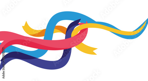 Curving colorful ribbons intersect against a stark white backdrop