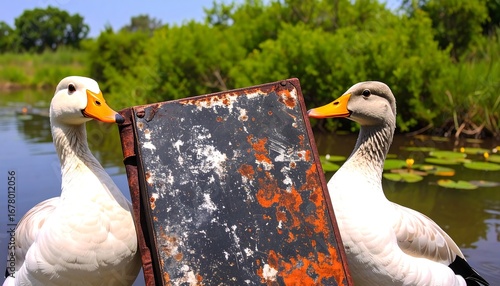 Geese and a book by a waterway