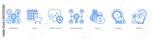 Employee Benefits banner web icon set vector illustration concept with icon of talent search, leave, health insurance, human resources, bonus, overtime, part time