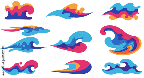 Nine colorful wave designs are arranged against a white background Each wave has a unique shape and color combination