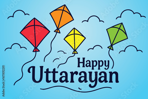Colorful vector artwork showing a kite celebrating happy Uttarayan festival, filled with vivid tones representing excitement, tradition, joy, cultural unity, seasonal happiness.