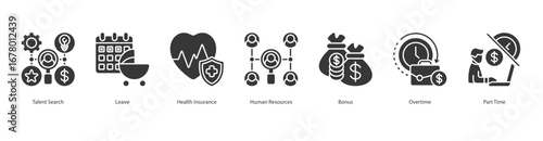Employee Benefits banner web icon set vector illustration concept with icon of talent search, leave, health insurance, human resources, bonus, overtime, part time