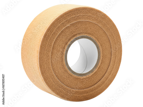 Roll of beige elastic therapeutic athletic tape for sports injuries on a transparent background