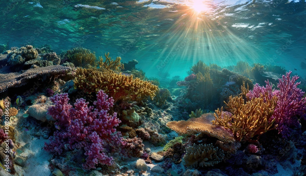 Obraz premium Vibrant Underwater Coral Reef Ecosystem Illuminated by Sunbeams.