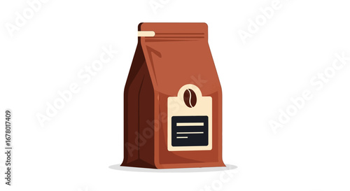 Brown Paper Coffee Bag with Label on White Background, Packaging for Coffee Beans, Delicious Aroma and Freshness, Ideal for Cafes and Home Brewing