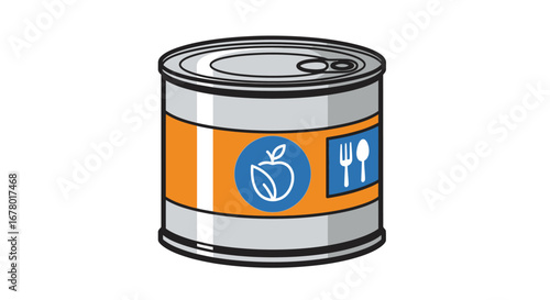 Canned food with apple and cutlery symbol on label, representing healthy eating and sustenance, isolated on white background, graphic illustration