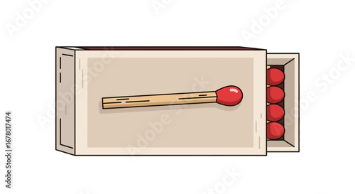 A box of matches with a single red-tipped matchstick prominently displayed on top, accompanied by several more matches within the partially opened drawer, ready for ignition