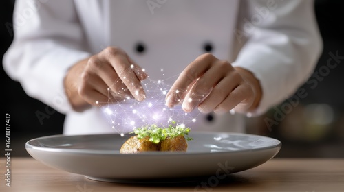 Upskilling and Reskilling in Learning and Development concept, Chef garnishing gourmet dish in professional kitchen with magical effect