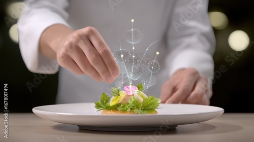 Upskilling and Reskilling in Learning and Development concept, Chef plating gourmet dish with digital food technology in professional kitchen