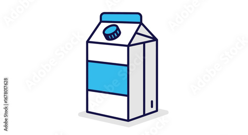 Simple Flat Design Illustration of a Milk Carton with a Blue Label on a White Background, Perfect for Dairy Product Graphics and Healthy Lifestyle Content