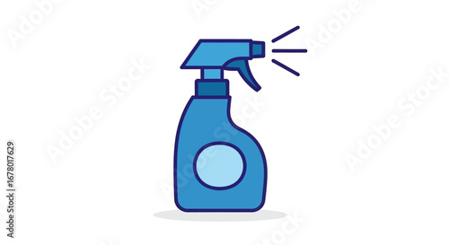 A blue spray bottle with a trigger, emitting a fine mist of liquid, perfect for cleaning or sanitizing purposes, illustration of a household cleaning product