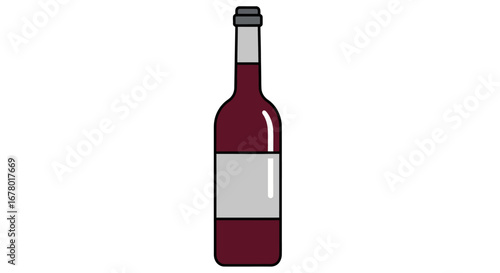 A stylized illustration of a classic wine bottle filled with rich red wine, featuring a simple label area, presented against a clean white background, perfect for beverage or hospitality themes