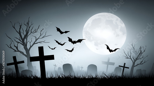 A graveyard with a large moon in the sky