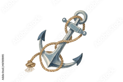 Hand-drawn watercolor anchor and rope with nautical elements, vintage soft texture