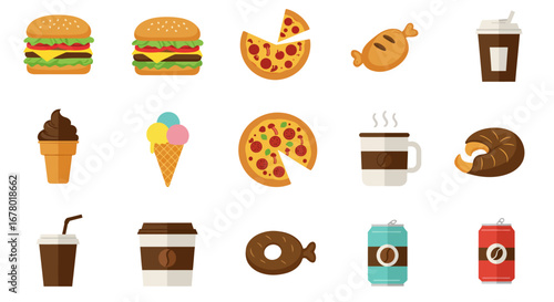A colorful collection of flat design fast food and beverage icons, including burgers, pizza, ice cream, and coffee.