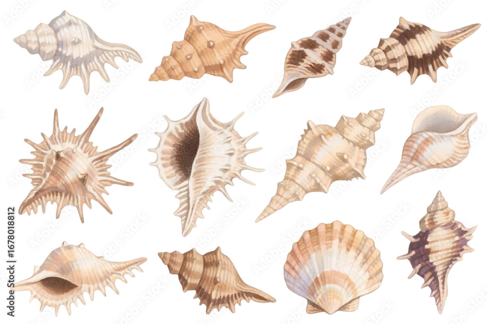 Fototapeta premium Hand-drawn watercolor seashell collection, detailed textures on white background