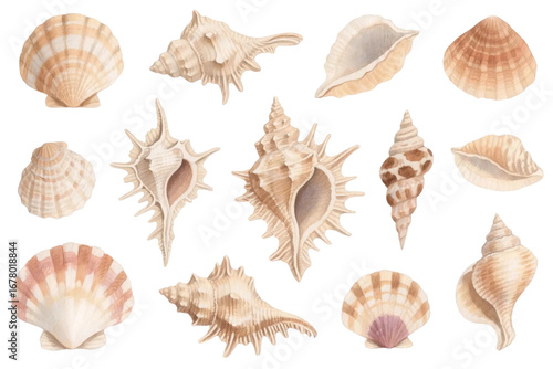 Hand-drawn watercolor seashell collection, detailed textures on white background