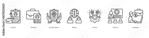 Labor Management banner web icon set vector illustration concept with icon of contract, portfolio, job description, worker, protest, training, employer