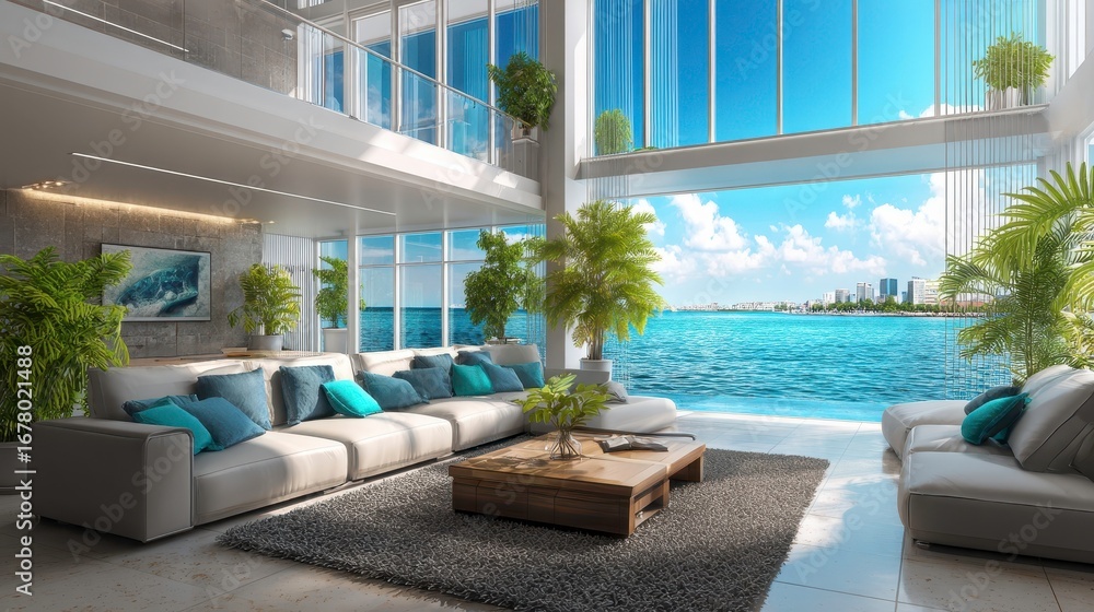 Fototapeta premium Luxury Villa Living Room, Ocean View, Modern Interior Design