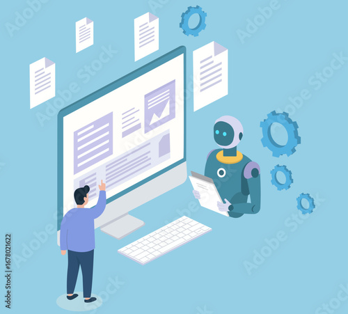 A person and an AI robot collaborate on data and document analysis, symbolizing the future of work, automation, and business process management