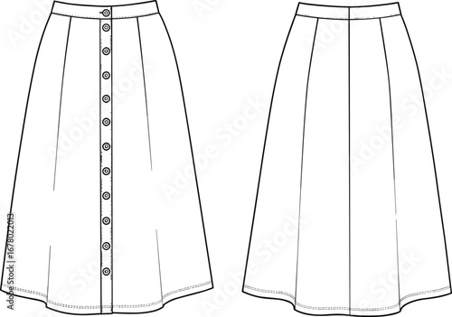 Women’s A-line button front skirt technical flat fashion sketch with waistband and topstitch detail, vector template.