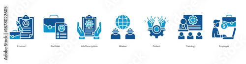 Labor Management banner web icon set vector illustration concept with icon of contract, portfolio, job description, worker, protest, training, employer