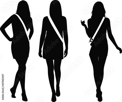 Silhouette women with sash, beauty pageant model vector, fashion contest illustration, female figure design, award ceremony concept, elegant contestant graphic