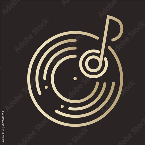 Gold colored icon with disc jockey player on dark background. Gramophone, vinyl record, dj, retro radio.