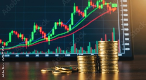 Golden coins stacked in front of a screen displaying a financial stock market chart with lines rising