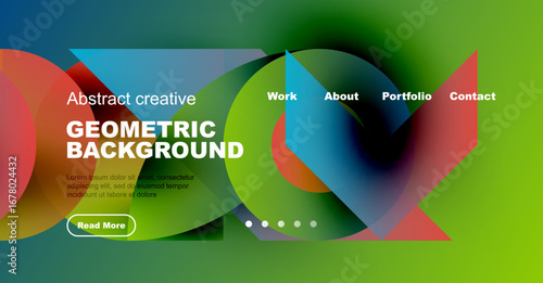 Vibrant geometric background design. Website header features text, navigation, button. Colorful overlapping shapes create modern aesthetic.