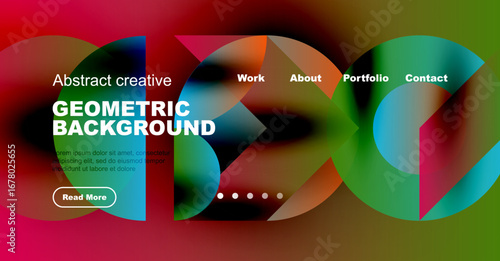 Vibrant abstract design. Geometric shapes blend with colorful gradients. Website header includes navigation options, text, button. Modern aesthetic.