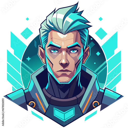 Futuristic Character Portrait with Facial Tech, Glowing Hair, and Geometric Vector Background