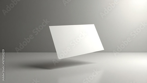 Blank white business card floating in a minimalist grey studio space for branding mockup. 3D rendered presentation template