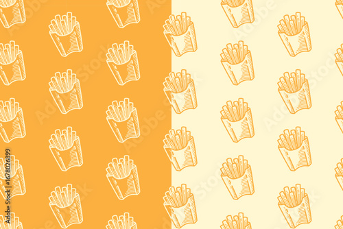 French fries snack engraving seamless pattern on yellow white background. Potato fries fast food hatching doodle pattern motif background. Restaurant, cafes packaging. Vector Illustration