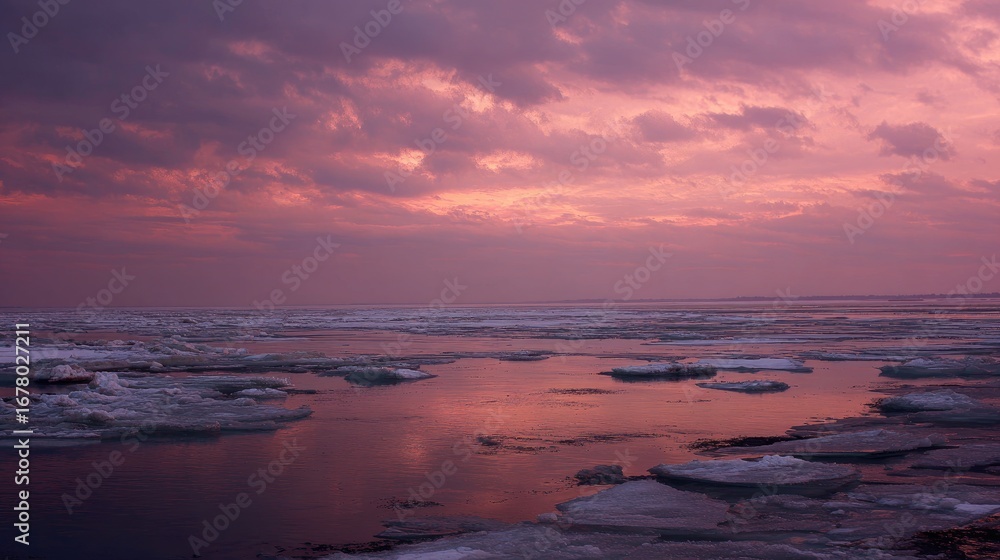 Fototapeta premium Frozen sea, vibrant sunset hues
