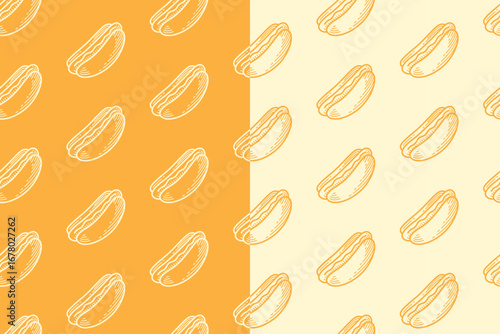 Hotdog with bun, sausage, sauce engraving seamless pattern on yellow white background. Sausage bun snack hatching doodle pattern motif background. Restaurant foods wrapping. Vector Illustration